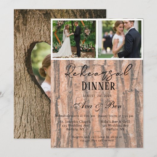 Rustikale Baumrinde Hochzeit Foto Probe Abendessen Einladung (Vorne/Hinten)