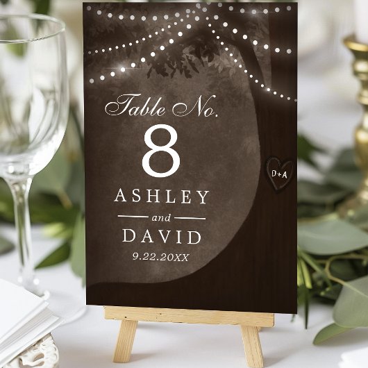 Rustikale Baumstring-Lichter gezeichnete Initialen Tischnummer