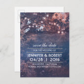 Rustikale Baumstring-Lichter Save the Date blau Ankündigungspostkarte (Vorne/Hinten)