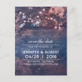 Rustikale Baumstring-Lichter Save the Date blau Ankündigungspostkarte (Vorderseite)