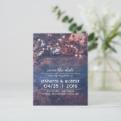 Rustikale Baumstring-Lichter Save the Date blau Ankündigungspostkarte (Stehend Vorderseite)