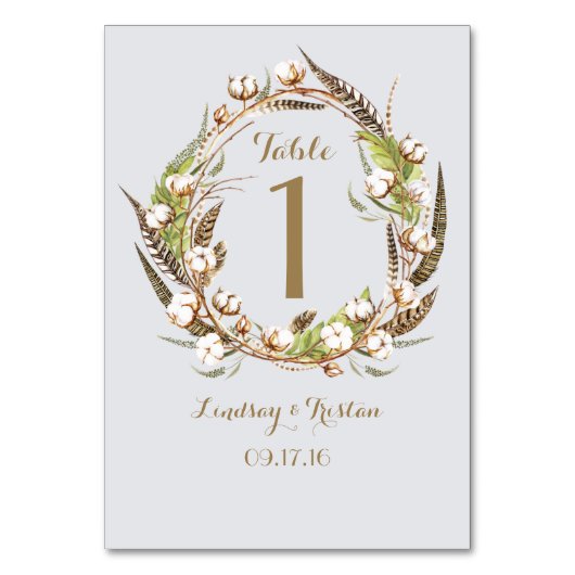 Rustikale Baumwollblumenfeder Tischnummer (Rückseite)