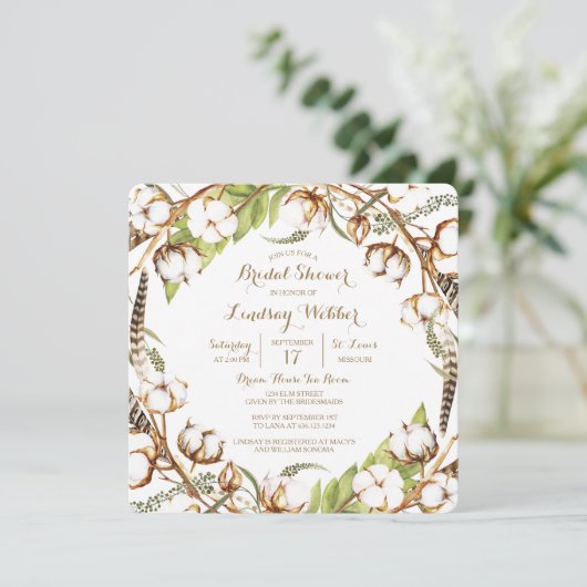 Rustikale Baumwolle Federn Bridal Dusche Einladung (Stehend Vorderseite)