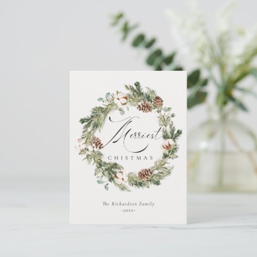 Rustikale Baumwolle Pine Cone Merriest Weihnachtsk Postkarte (Stehend Vorderseite)