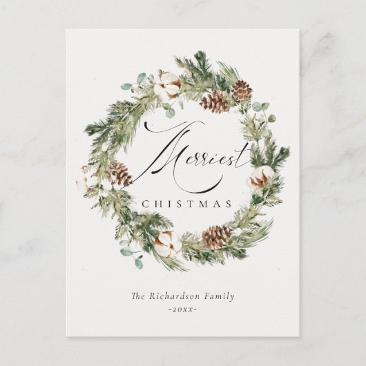Rustikale Baumwolle Pine Cone Merriest Weihnachtsk Postkarte (Vorderseite)