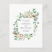 Rustikale Baumwolle und Eukalyptus-Rahmen Save the Postkarte (Vorderseite)