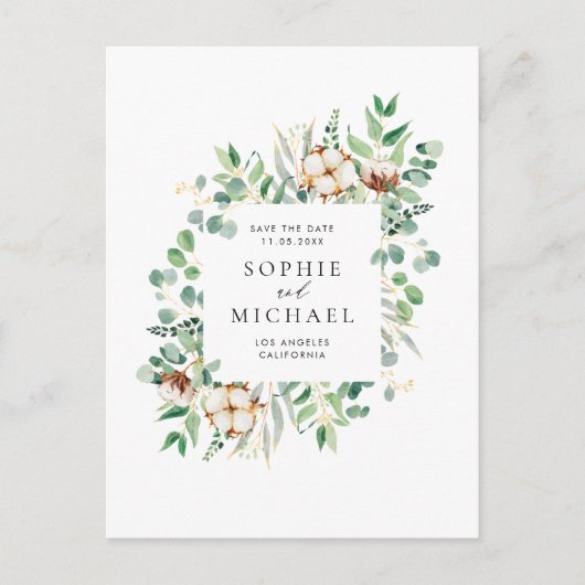 Rustikale Baumwolle und Eukalyptus-Rahmen Save the Postkarte (Vorderseite)