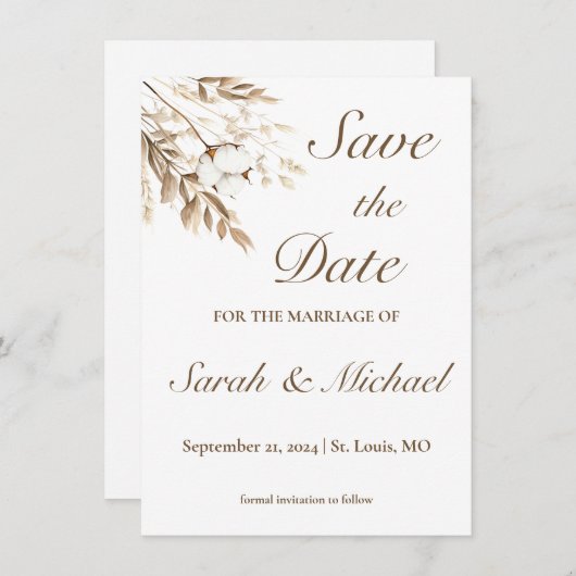 Rustikale Baumwollpampas-Save the Date-Karte (Vorne/Hinten)