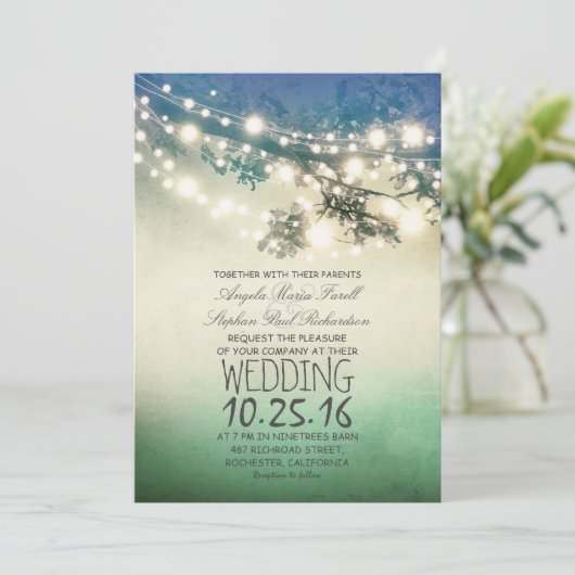 Rustikale Baumzweige & Saitenleuchten aquamarine H Einladung (Stehend Vorderseite)