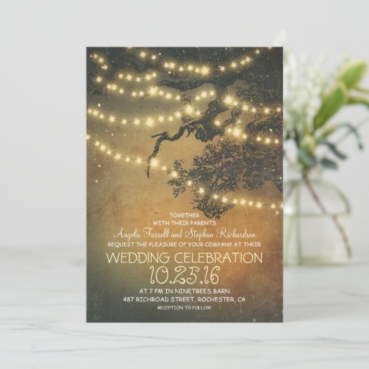 Rustikale Baumzweige und Lichter Einladung (Stehend Vorderseite)