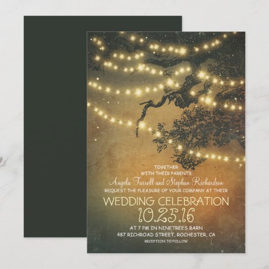 Rustikale Baumzweige und Lichter Einladung (Vorne/Hinten)