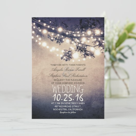 Rustikale Baumzweige und Lichter Einladung (Stehend Vorderseite)