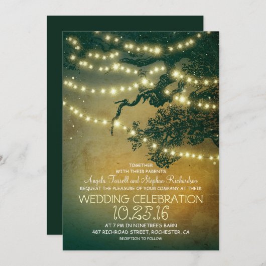 Rustikale Baumzweige und Lichter Einladung (Vorne/Hinten)