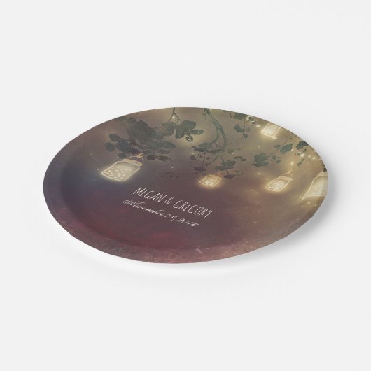 Rustikale Baumzweige und Mason Jar Fireflies Pappteller (Schrägansicht)