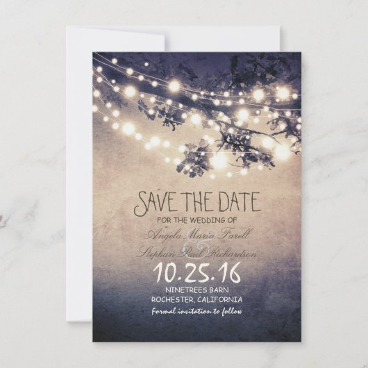 Rustikale Baumzweige und Stringleuchten Save the D Date (Vorderseite)