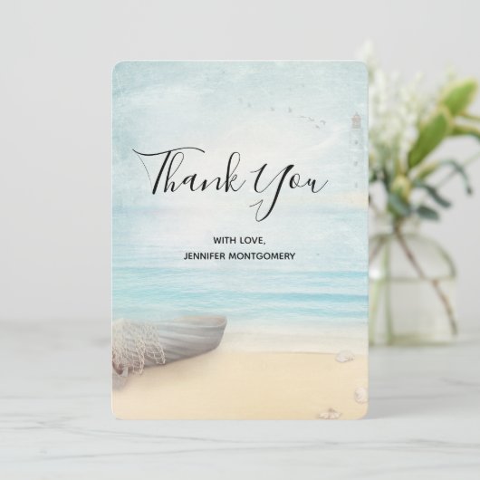 Rustikale Beachszene mit Boot Vielen Dank Dankeskarte (Stehend Vorderseite)