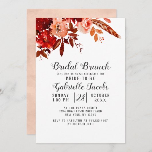 Rustikale Beauty Floral Boho Chic Bridal Brunch Einladung (Vorne/Hinten)