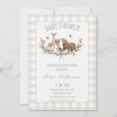Rustikale Beige Gingham Wald Baby Shower Einladung (Vorderseite)