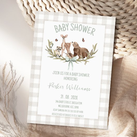 Rustikale Beige Gingham Wald Baby Shower Einladung