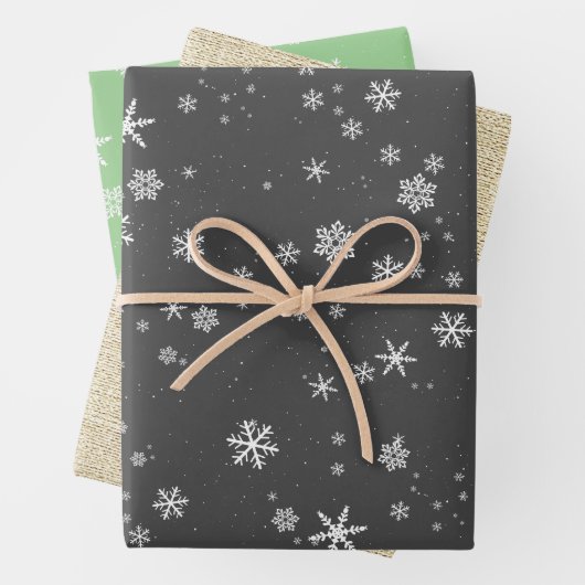 Rustikale Beige Schwarze Grüne Schneeflocke Weihna Geschenkpapier Set (Beispiel)
