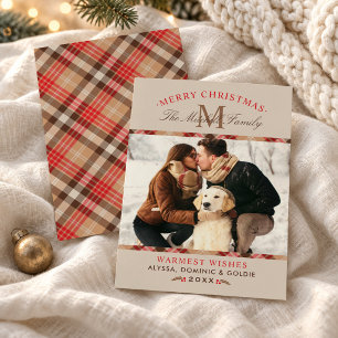 Rustikale Beige-Tartan-Weihnachts-Monogramm-Foto Feiertagskarte