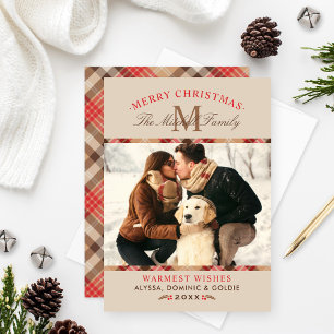 Rustikale Beige-Tartan-Weihnachts-Monogramm-Foto Feiertagskarte