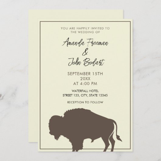 Rustikale Beige und Brown Buffalo Bison Wedding Einladung (Vorne/Hinten)