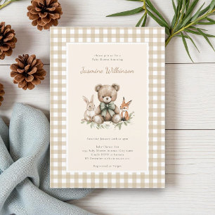 Rustikale Beige-Waldtiere-Baby-Party im Gingham-St Einladung