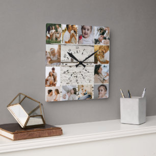 Rustikale benutzerdefinierte Fotocollage Familie Quadratische Wanduhr
