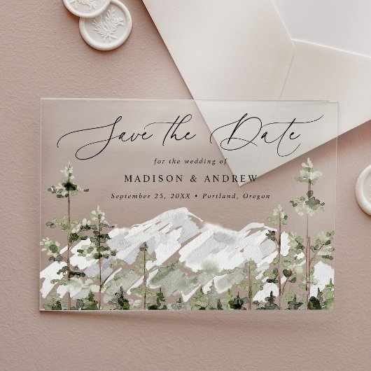 Rustikale Berg-Evergreen-Wald-Hochzeit 'Datum merk Acryleinladungen