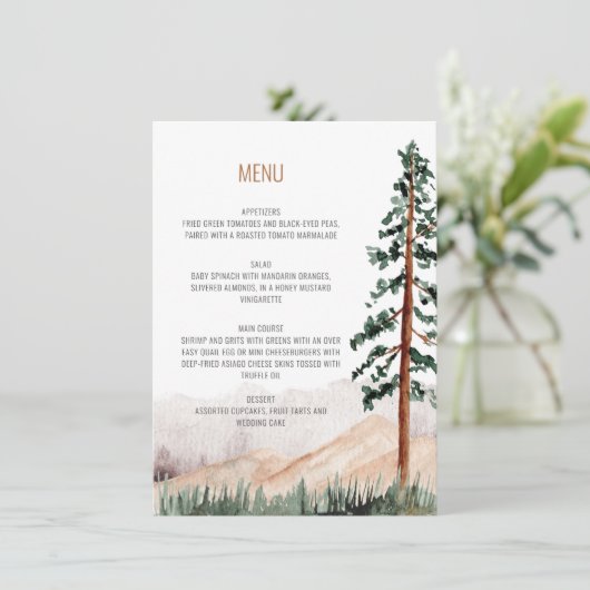 Rustikale Bergbaumlandschaft Hochzeitsmenü Einladung (Stehend Vorderseite)