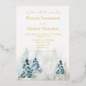 Rustikale Bergbauten Hochzeit Evergreen Water Folieneinladung (Vorderseite)