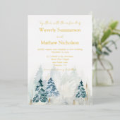 Rustikale Bergbauten Hochzeit Evergreen Water Folieneinladung (Stehend vorne)