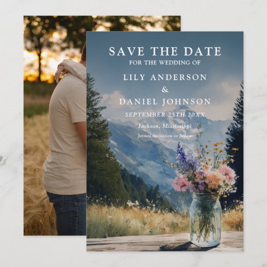 Rustikale Bergblumen-Mason-Jar-Hochzeitsfoto Save The Date (Vorne/Hinten)