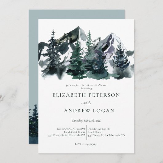 Rustikale Berge | Abendessen Probe Einladung (Vorne/Hinten)