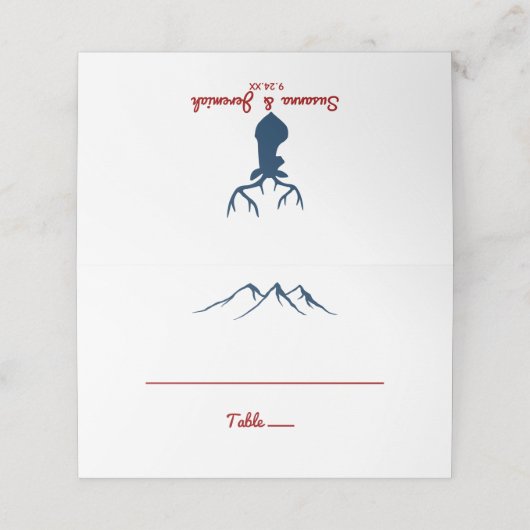 Rustikale Berge Hirsch Red Blue Wedding Platzkarte (Außenseite Aufgefaltet)