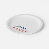 Rustikale Berge in der Rezeption für blaue und rot Pappteller (Schrägansicht)