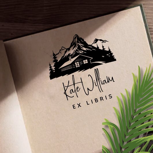 Rustikale Berge & Kiefern Ex libris Gummistempel