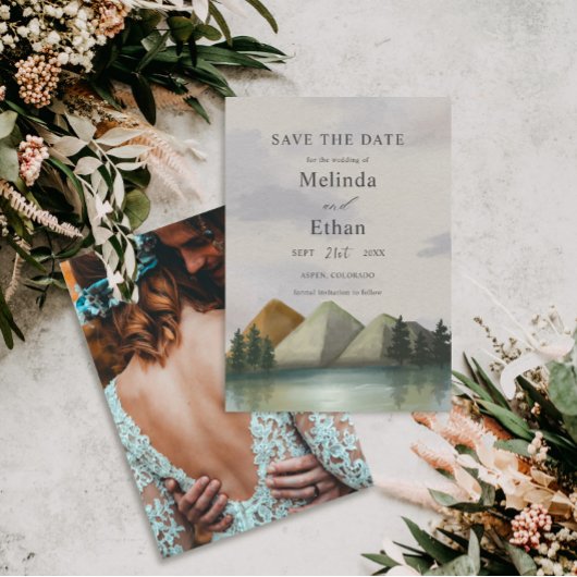 Rustikale Berge & Lake Evergreen rettet das Datum Einladung