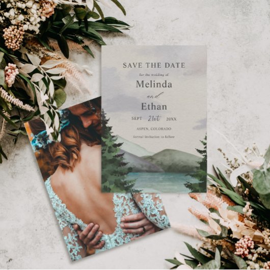 Rustikale Berge & Lake Evergreen rettet das Datum Einladung