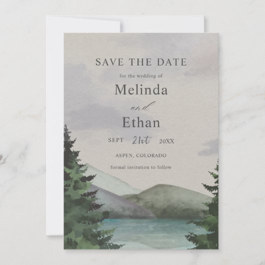 Rustikale Berge & Lake Evergreen rettet das Datum Einladung (Vorderseite)