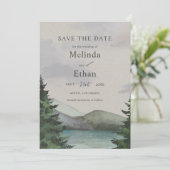 Rustikale Berge & Lake Evergreen rettet das Datum Einladung (Stehend Vorderseite)