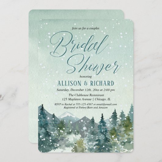 Rustikale Berge und Schneepaare Brautparty Einladung (Vorne/Hinten)