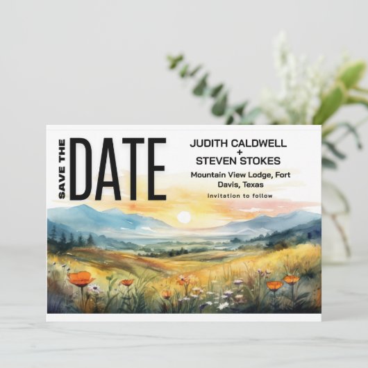 Rustikale Berge und Wildblume Save The Date (Stehend Vorderseite)
