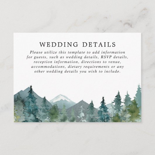 Rustikale Berge Wald Aquarell Hochzeitsdetails Begleitkarte (Vorderseite)