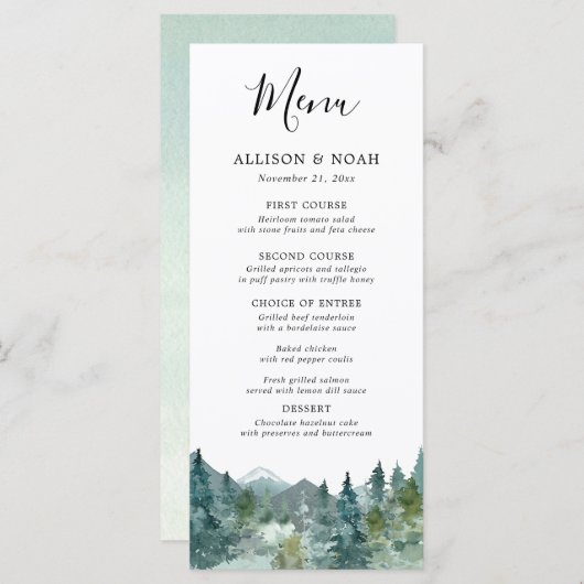 Rustikale Berge Wald Aquarell Hochzeitsmenü Programm (Vorne/Hinten)