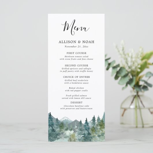 Rustikale Berge Wald Aquarell Hochzeitsmenü Programm (Stehend Vorderseite)