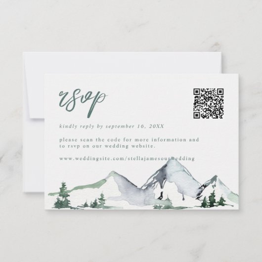 Rustikale Berge Wasserfarben Hochzeits-QR-Code RSVP Karte (Vorderseite)