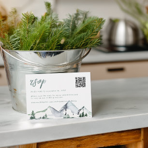 Rustikale Berge Wasserfarben Hochzeits-QR-Code RSVP Karte