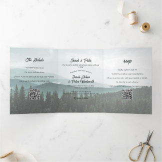 Rustikale Bergkette Kiefernwald QR-Code-Hochzeit Dreifach Gefaltete Einladung